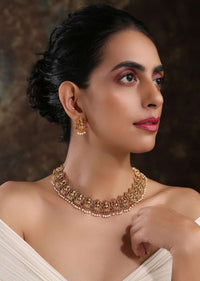 Gold Plated Temple Necklace Set With Intricate South Indian Temple Inspired Designs And Moti Work By Paisley Pop