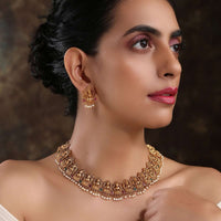 Gold Plated Temple Necklace Set With Intricate South Indian Temple Inspired Designs And Moti Work By Paisley Pop