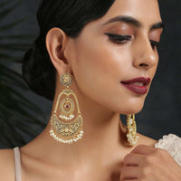 Gold Plated Temple Work Embossed Indian Earrings With High Graded Shell Pearls By Paisley Pop