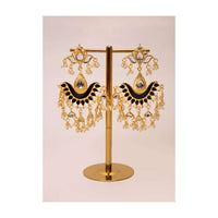 Gold plated traditional earring with black semi precious stone