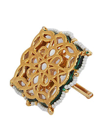 Gold Plated Two Finger Ring In Square Shape Studded With Kundan And Beads Online - Kalki Fashion