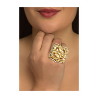 Gold Plated Two Finger Ring In Square Shape Studded With Kundan And Beads Online - Kalki Fashion