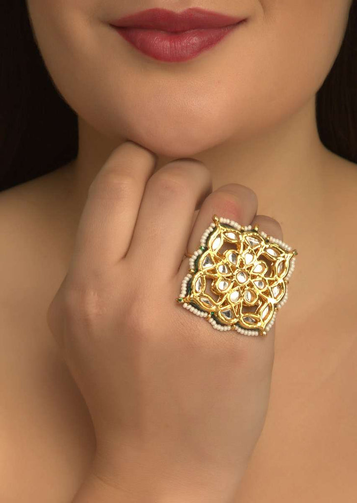 Gold Plated Two Finger Ring In Square Shape Studded With Kundan And Beads Online - Kalki Fashion