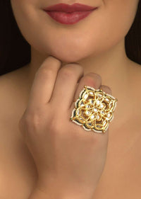 Gold Plated Two Finger Ring In Square Shape Studded With Kundan And Beads Online - Kalki Fashion