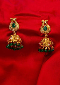 Gold plated uncut traditional jhumkas with emerald green beads