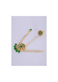 Gold played ring and detached bracelet adorn with green beads, moti and kundan only on Kalki