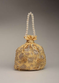 Gold Potli Bag In Silk With Zardosi Embroidery In Floral Design