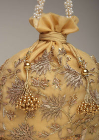 Gold Potli Bag In Silk With Zardosi Embroidery In Floral Design