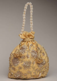 Gold Potli Bag In Silk With Zardosi Embroidery In Floral Design