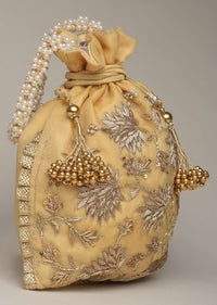 Gold Potli Bag In Silk With Zardosi Embroidery In Floral Design