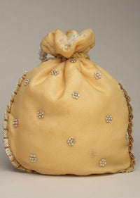 Gold Potli Bag In Silk With Zardosi Embroidery In Floral Design