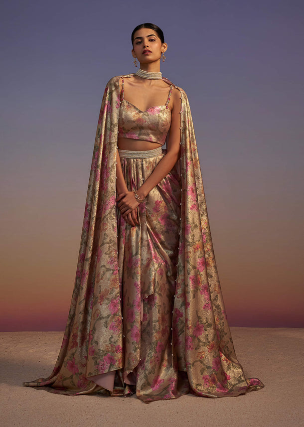 Gold Printed Drape Skirt And Blouse Set With Choker Dupatta
