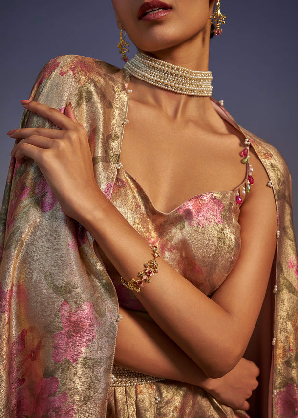 Gold Printed Drape Skirt And Blouse Set With Choker Dupatta