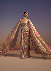 Gold Printed Drape Skirt And Blouse Set With Choker Dupatta