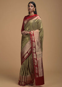 Gold Pure Handloom Saree In Silk With Woven Paisley Buttis And Red Border Online - Kalki Fashion