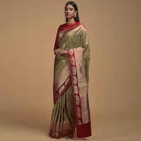 Gold Pure Handloom Saree In Silk With Woven Paisley Buttis And Red Border Online - Kalki Fashion