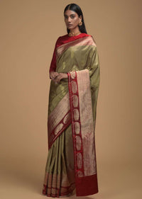 Gold Pure Handloom Saree In Silk With Woven Paisley Buttis And Red Border Online - Kalki Fashion