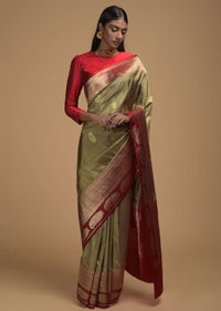 Gold Pure Handloom Saree In Silk With Woven Paisley Buttis And Red Border Online - Kalki Fashion