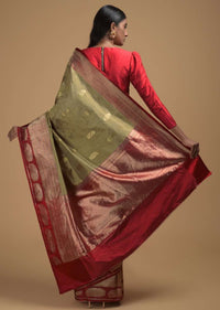 Gold Pure Handloom Saree In Silk With Woven Paisley Buttis And Red Border Online - Kalki Fashion