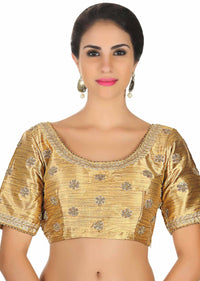 Gold raw silk blouse with moti embroider butti only on Kalki