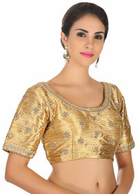 Gold raw silk blouse with moti embroider butti only on Kalki