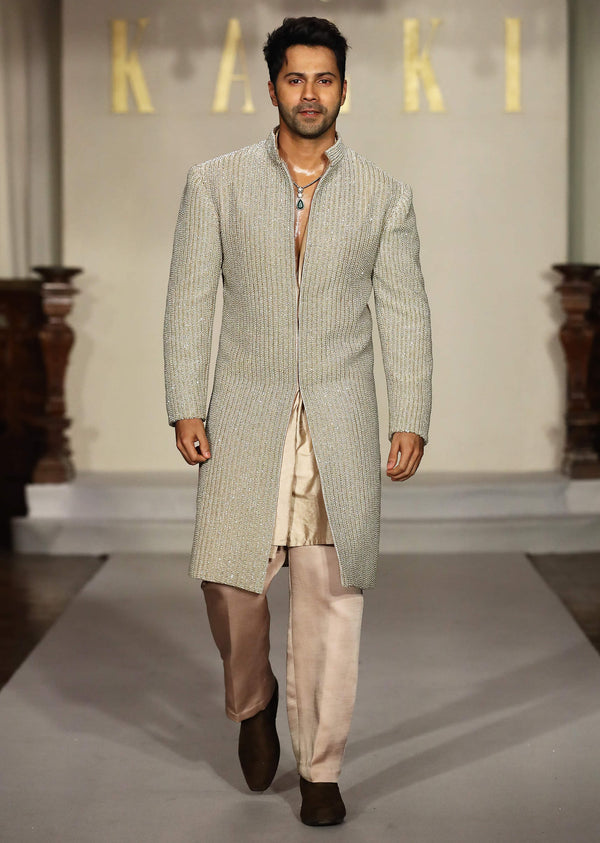 Gold Raw Silk Sherwani For Groom With Hand Embroidery
