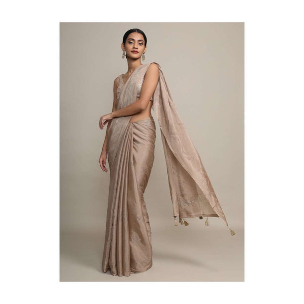 Gold Saree In Chinon Chiffon With Badla Embroidered Buttis And Chevron Border Online - Kalki Fashion