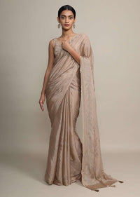 Gold Saree In Chinon Chiffon With Badla Embroidered Buttis And Chevron Border Online - Kalki Fashion