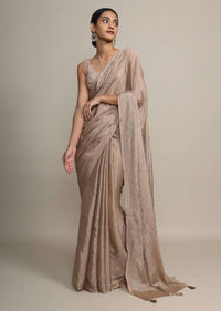 Gold Saree In Chinon Chiffon With Badla Embroidered Buttis And Chevron Border Online - Kalki Fashion