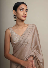 Gold Saree In Chinon Chiffon With Badla Embroidered Buttis And Chevron Border Online - Kalki Fashion