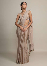 Gold Saree In Chinon Chiffon With Badla Embroidered Buttis And Chevron Border Online - Kalki Fashion