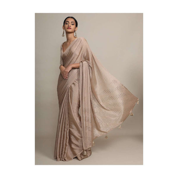 Gold Saree In Chinon Chiffon With Badla Embroidered Buttis And Chevron Border Online - Kalki Fashion