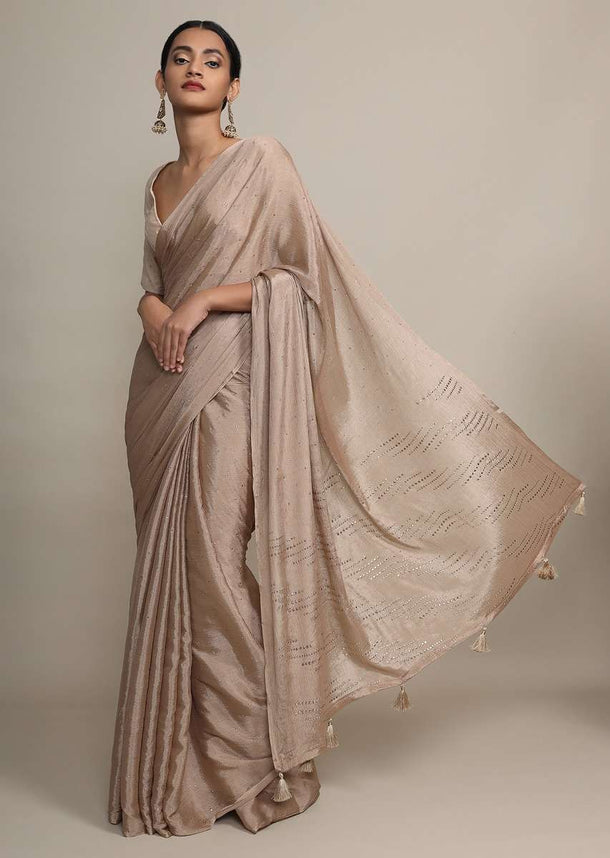 Gold Saree In Chinon Chiffon With Badla Embroidered Buttis And Chevron Border Online - Kalki Fashion