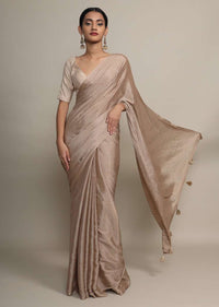Gold Saree In Chinon Chiffon With Badla Embroidered Buttis And Chevron Border Online - Kalki Fashion