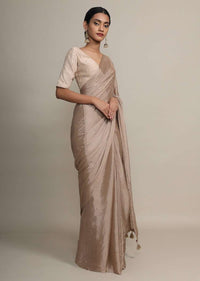 Gold Saree In Chinon Chiffon With Badla Embroidered Buttis And Chevron Border Online - Kalki Fashion
