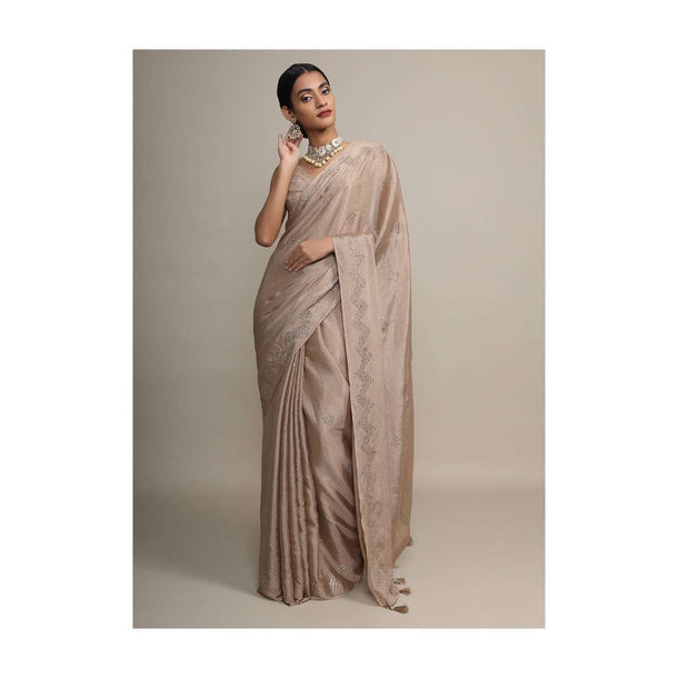 Gold Saree In Chinon Chiffon With Badla Embroidered Geometric Buttis And Chevron Border Online - Kalki Fashion