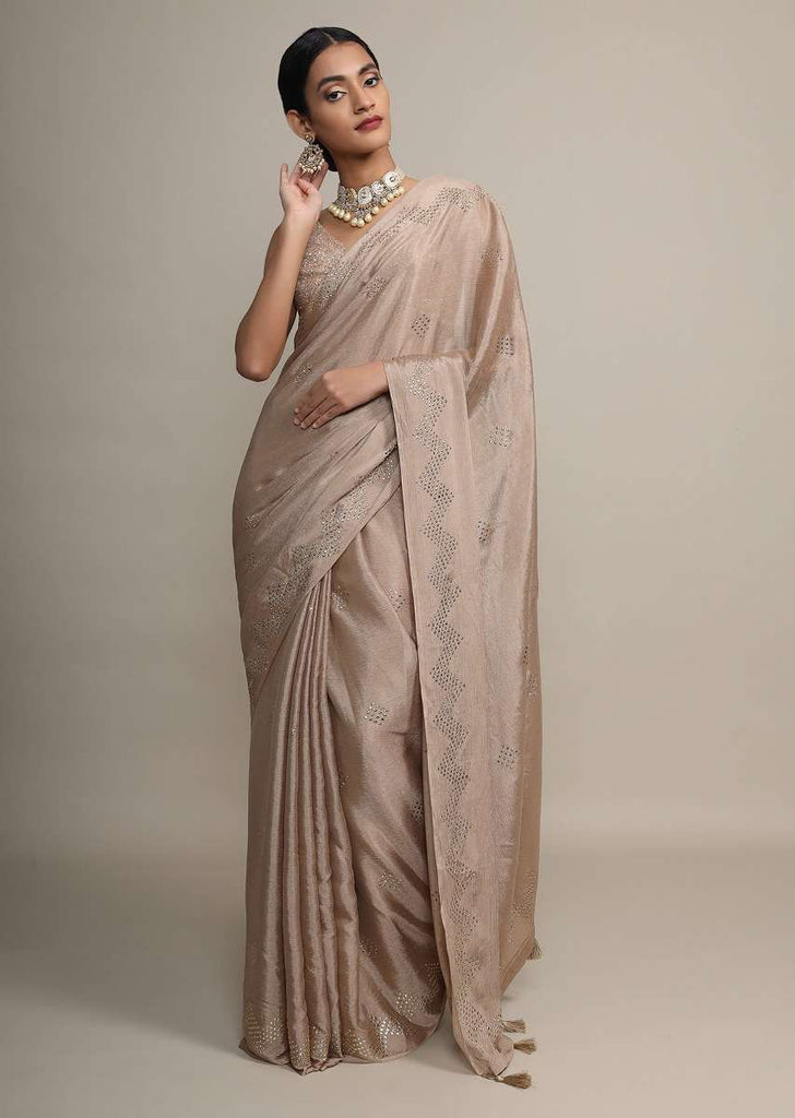 Gold Saree In Chinon Chiffon With Badla Embroidered Geometric Buttis And Chevron Border Online - Kalki Fashion