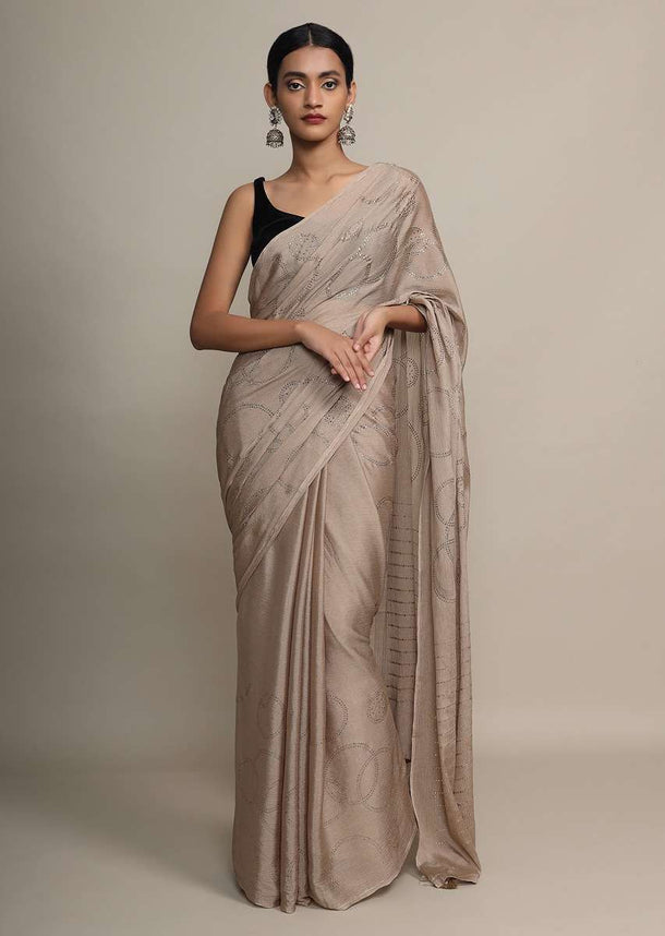 Gold Saree In Chinon Chiffon With Badla Embroidered Round Motifs And Striped Pallu Online - Kalki Fashion