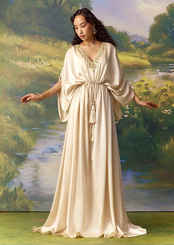 Gold Satin Front Tie Kaftan Gown With Metal Work Embroidery