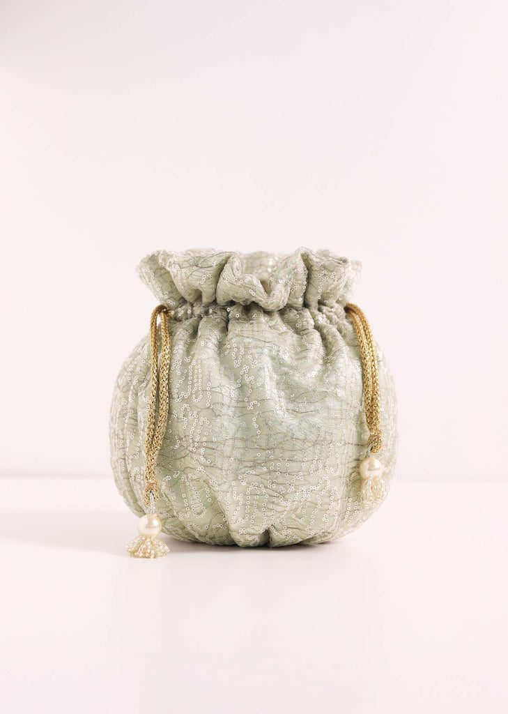 Gold Toned Sequins Potli Bag With Pearl Handle