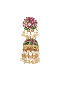 Gold Finish Jhumkas With Multicolor Meenakari Work And Pearls