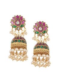 Gold Finish Jhumkas With Multicolor Meenakari Work And Pearls