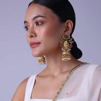 Gold Finish Jhumkas In Mix Metal With Pearls And Meenakari Work
