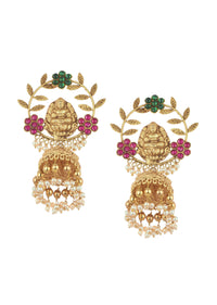 Gold Finish Jhumkas In Mix Metal With Pearls And Meenakari Work