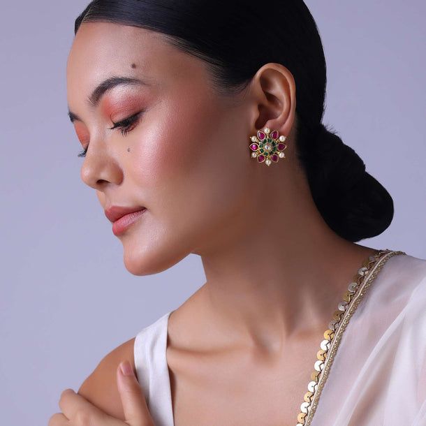 Gold Finish Studs With Pearls And Meenakari Work