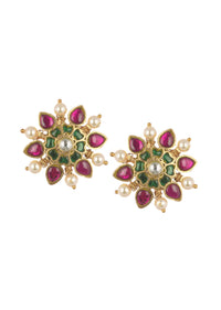 Gold Finish Studs With Pearls And Meenakari Work