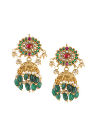 Gold Finish Temple Style Jhumkas In Mix Metal With Meenakari Work