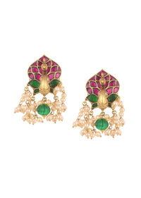 Gold Finish Temple Style Danglers With Pearls And Meenakari Work