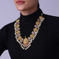 Gold Finish Temple Style Necklace With Pearls And Meenakari Work