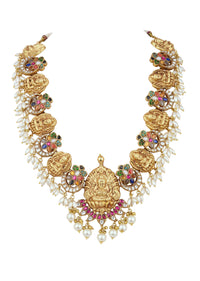 Gold Finish Temple Style Necklace With Pearls And Meenakari Work